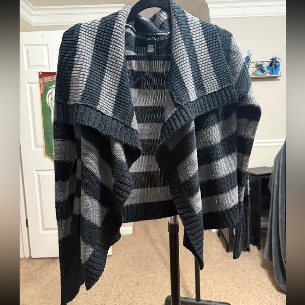 Black and Gray Cardigan Sweater with Stripes